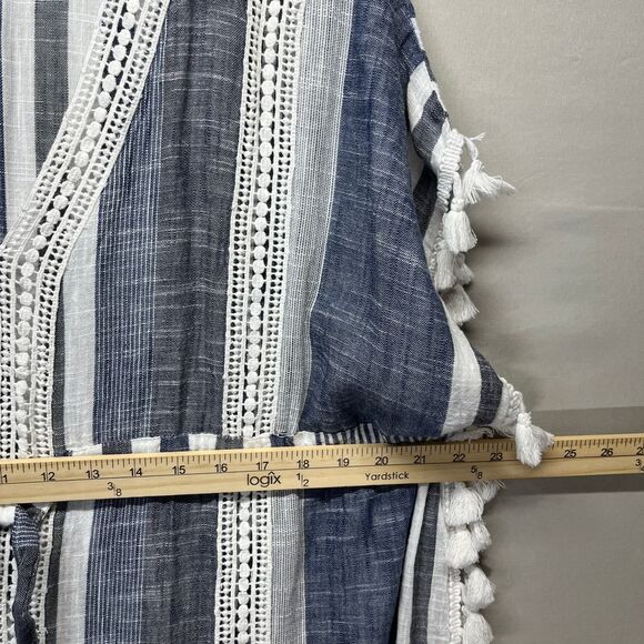 Blue Island Striped Crochet Trim Tassel Caftan Swim Cover Up Dress Coastal Large - Picture 11 of 12